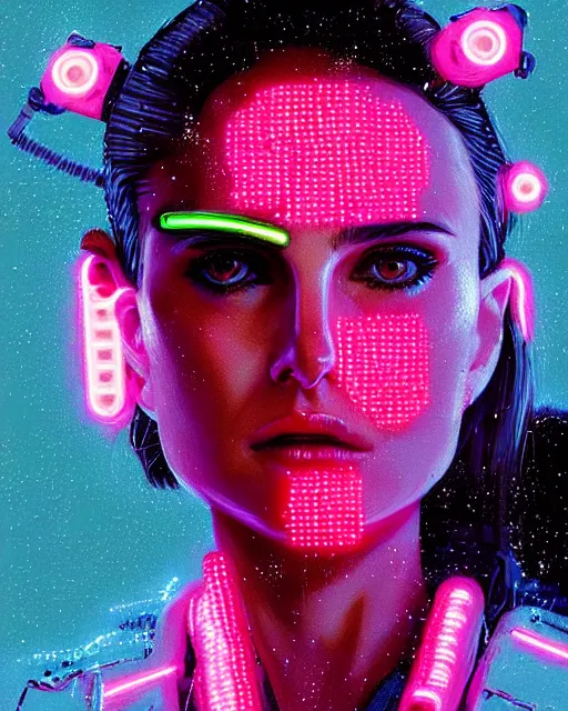 Image similar to detailed portrait Natalie Portman Neon Operator Girl, cyberpunk futuristic neon, reflective puffy coat, decorated with traditional Japanese ornaments by Ismail inceoglu dragan bibin hans thoma greg rutkowski Alexandros Pyromallis Nekro Rene Maritte Illustrated, Perfect face, fine details, realistic shaded, fine-face, pretty face