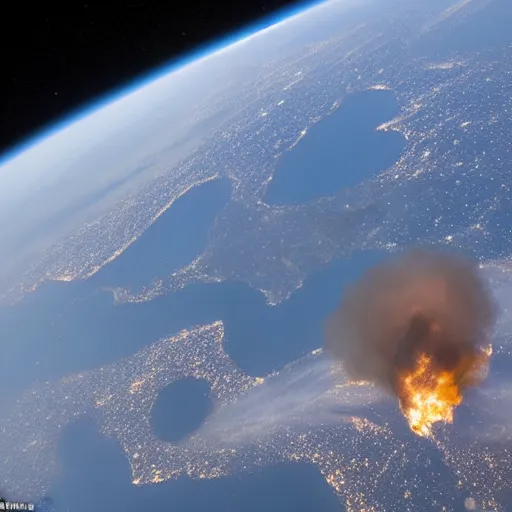 Image similar to photograph from the international space station window as planet earth breaks in half following a larger asteroid impact, fire explosions