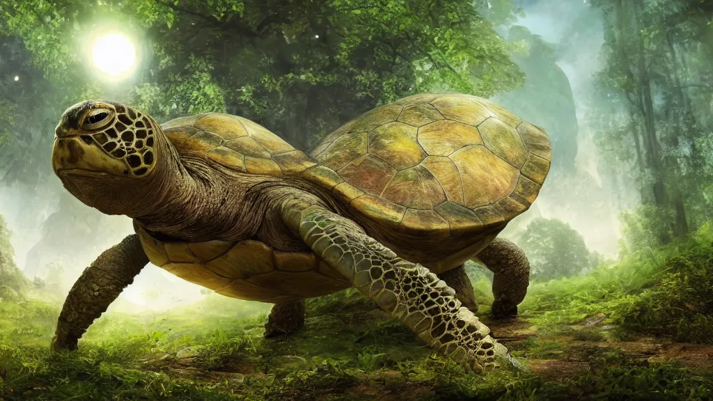 Image similar to the world turtle carrying earth on his back as it floats through space, shell made up of earth, forest shell, fantasy artwork, very very very beautiful scenery, hd, hdr, ue5, ue6, unreal engine 5, cinematic 4k wallpaper, 8k, ultra detailed, high resolution, artstation, award winning