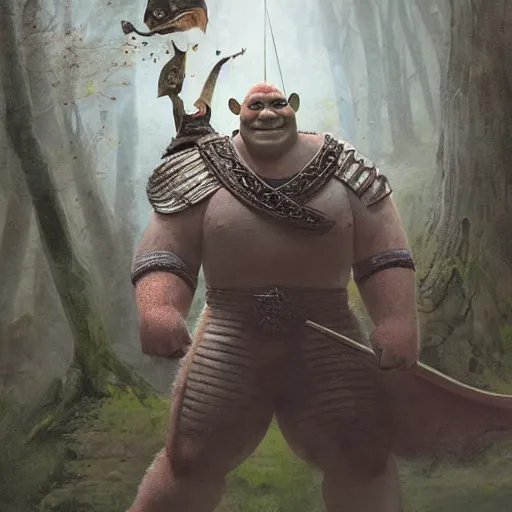 Image similar to shrek as an ancient mythological warrior deity, epic fantasy illustration, by greg rutkowski
