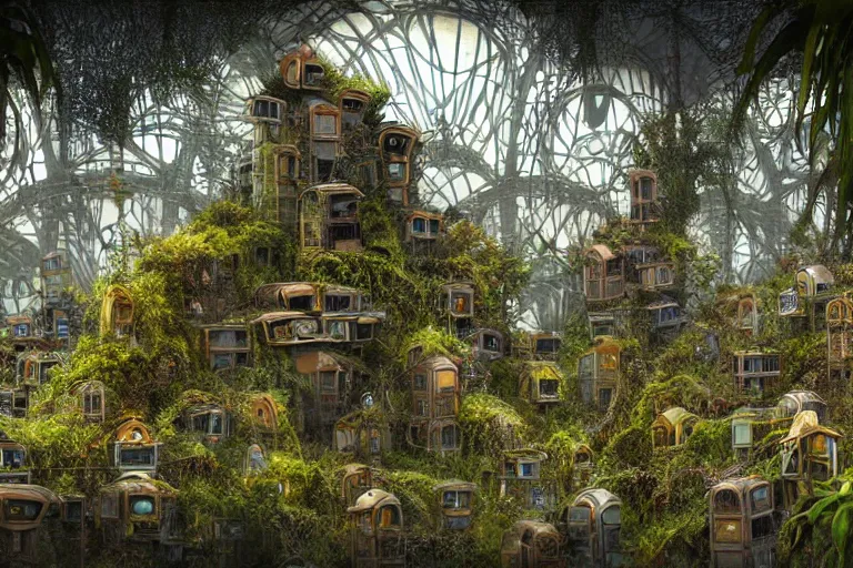 Image similar to futuristic foliage overgrowing detailed favela graveyard honeybee hive, art nouveau environment, industrial factory, award winning art, epic dreamlike fantasy landscape, ultra realistic,