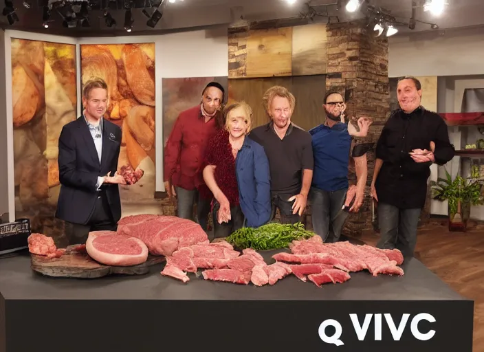 Image similar to qvc tv show product showcase nasty meat men beast raw flesh, studio lighting, limited time offer, graphics $ 9 9 call now