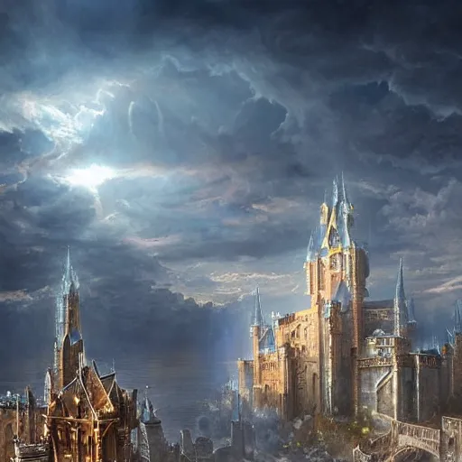 Prompt: a beautiful fantasy castle made from white stone and bright copper, medieval city submerged in water, metropolis, magic, tall towers, gorgeous clouds, white marble, god rays, digital art, fantasy art, octane render, unreal engine, high detail, very realistic, by greg rutkowski, by james gurney