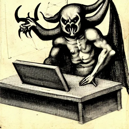 Image similar to a devilish spirits emerging from a desktop computer, renaissance era sketch, satanic, ritual