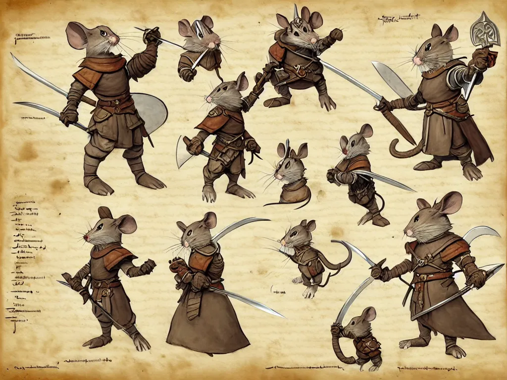 Image similar to character design sheet for a heroic mouse knight with sword and shield on a parchment background, redwall, greg rutowski and jean baptiste monge, very very detailed, epic fantasy concept art