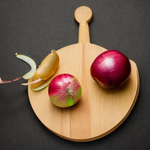 Image similar to set of balance scales with one apple in one side and one onion in the other