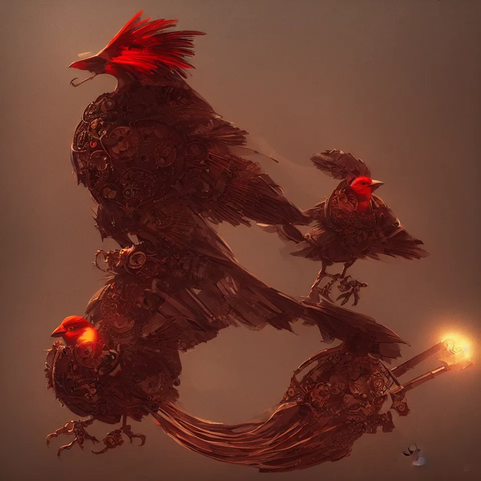 Prompt: a detailed concept art of a steampunk bird by miguel nogueira, gradient dark red, dynamic lighting, cinematic, epic composition, masterpiece