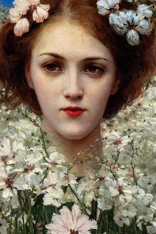 Prompt: close - up fashion woman portrait airy flowers cloudy sky art by vasnetsov