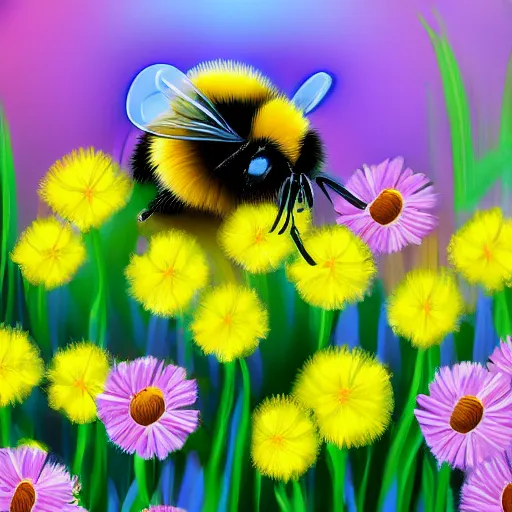 Image similar to cute fluffy bumblebee sitting on spring flowers detailed painting 4 k