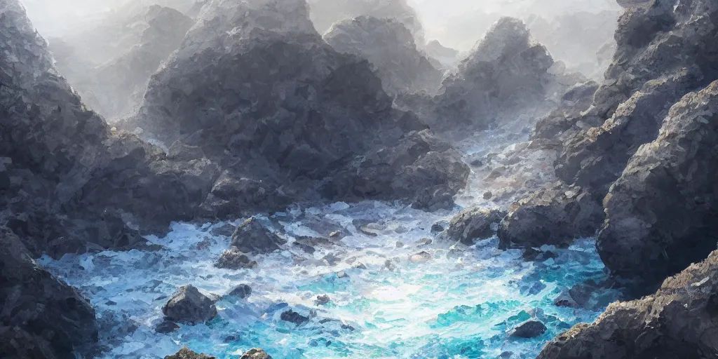 Image similar to sheer rugged crystal smokey coloured quartz cliff, viewed from the ocean, illustration, bright sunlight, sun glints, sunrays, digital art, hyperrealistic, oil painting, fantasy, 8 k, trending on artstation, detailed