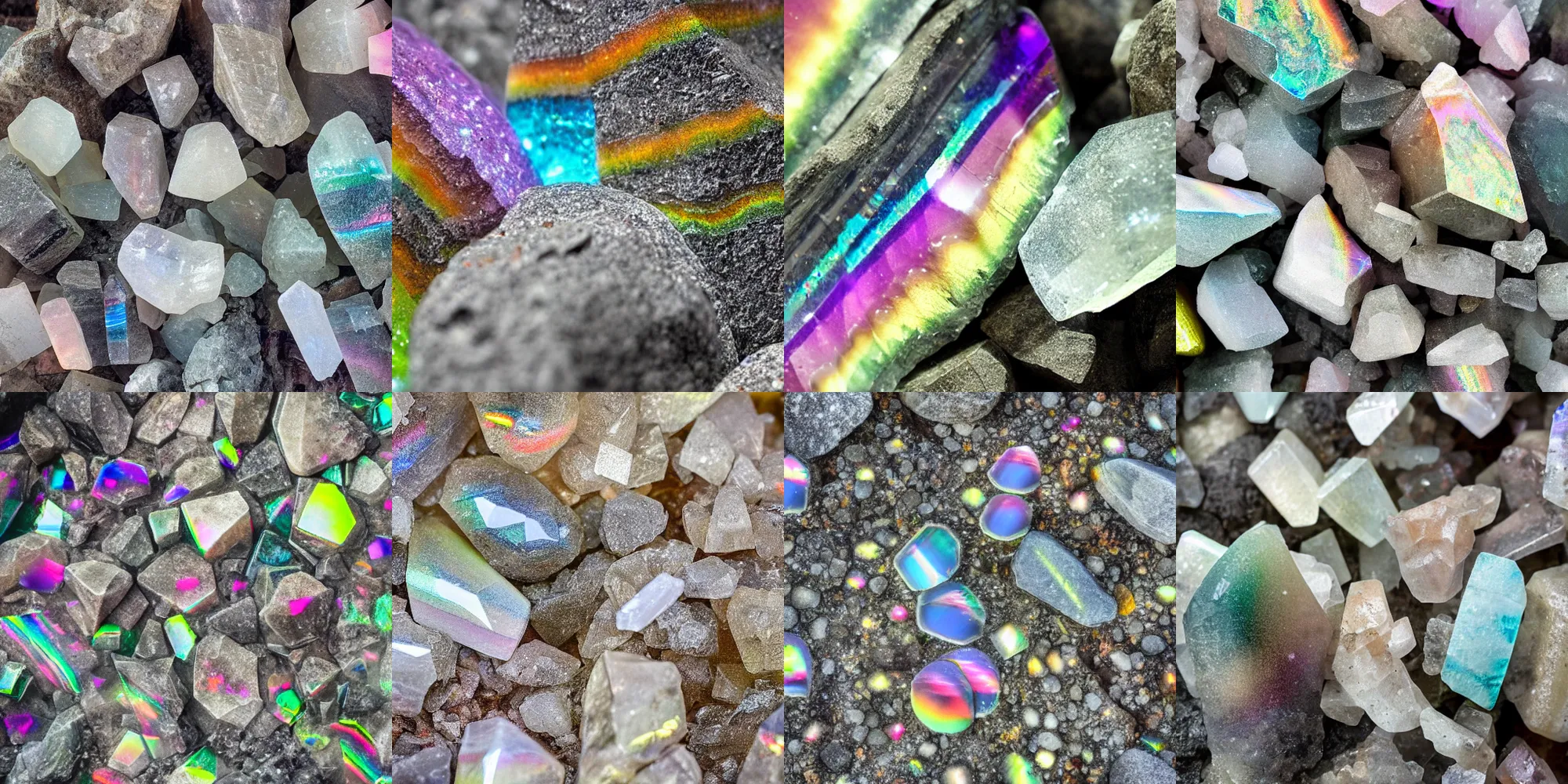 Prompt: close up photo, quartz Rainbow Crystals, growing out of stone