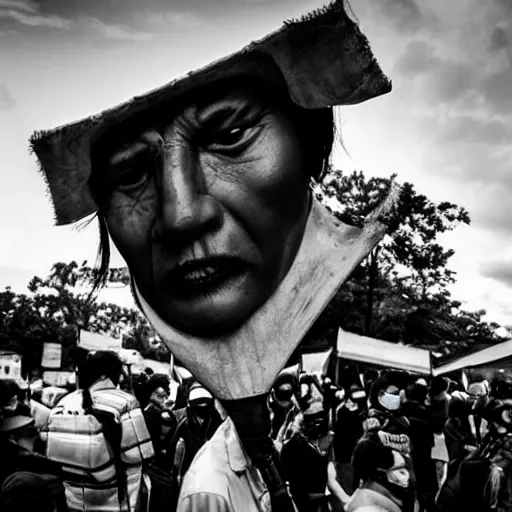 Image similar to hunnic protester face elongated cranium photo black and white wide angle lense