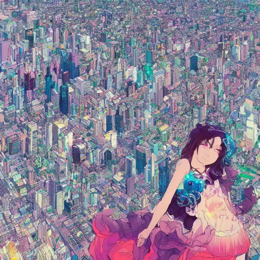 Image similar to a very detailed art of a goddess above a city by inio asano, beeple and james jean, hiroyuki takahashi color scheme, digital art