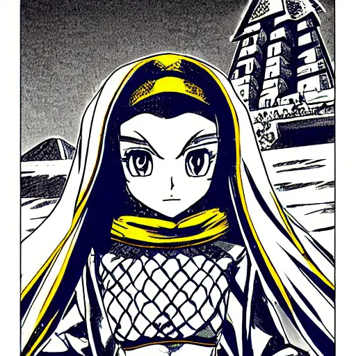 Image similar to a jojo's bizarre adventure manga artstyle drawing : Marie the mother of Jesus dressing blue and yellow next to the pyramids