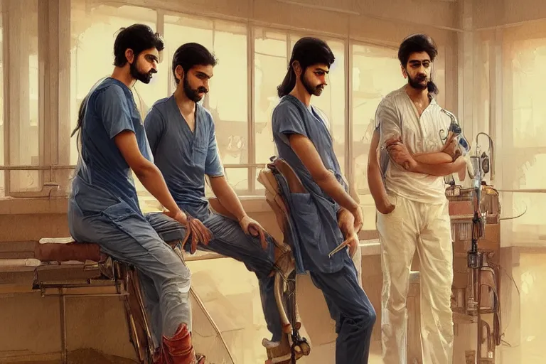Image similar to Anxious good looking pale young Indian doctors wearing jeans inside a hospital, portrait, elegant, intricate, digital painting, artstation, concept art, smooth, sharp focus, illustration, art by artgerm and greg rutkowski and alphonse mucha