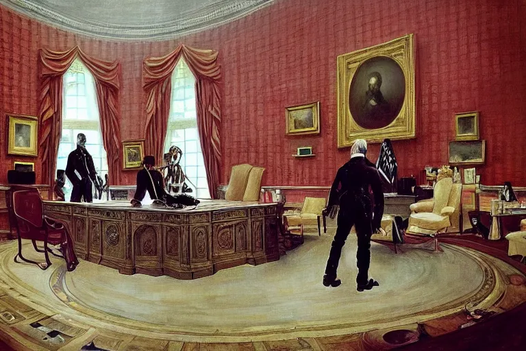 Image similar to a grand portrait of a tall terrifying alien president in the white house oval office. majestic room. he is surrounded by alien advisors. in the style of american impressionist painting. in the style of 1 8 0 0 s romanticism painting. in the victorian era. fantastic composition. dramatic lighting. lots of aliens. aliens. aliens.