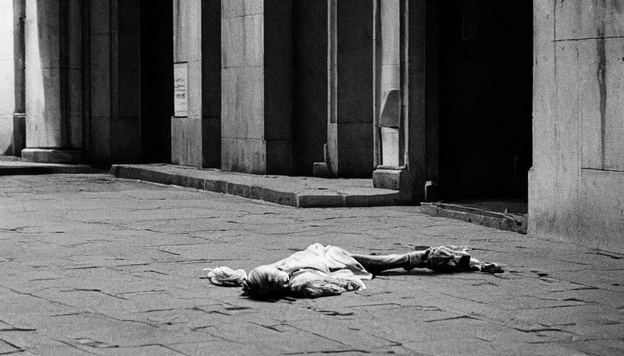 Image similar to 1 9 7 0 s movie still of the cutted head of robespierre on the pavement, cinestill 8 0 0 t 3 5 mm, high quality, heavy grain, high detail, cinematic composition, dramatic light, anamorphic, ultra wide lens, hyperrealistic