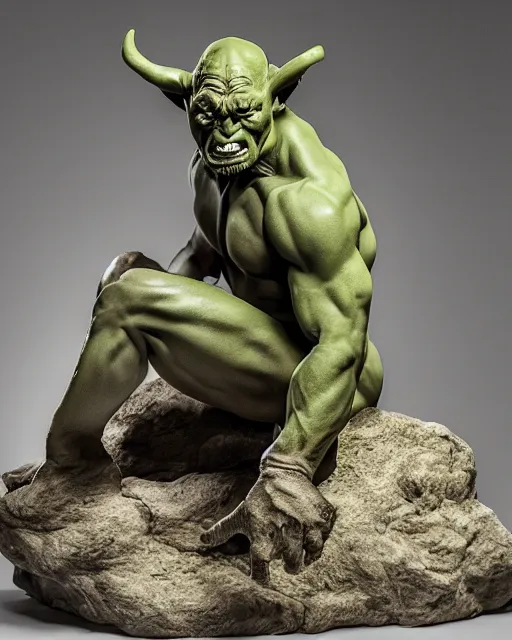 Prompt: a full figure rubber sculpture of crouching Orc, by Michelangelo, dramatic lighting, rough texture, subsurface scattering, wide angle lens