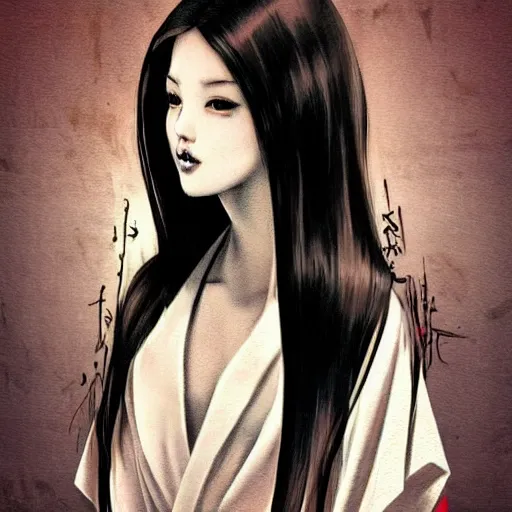 Image similar to tattoo design, stencil, beautiful young female, long dark hair, symmetrical facial features, Japanese, partially clothed in robe, by William-Adolphe Bouguerea and artgerm