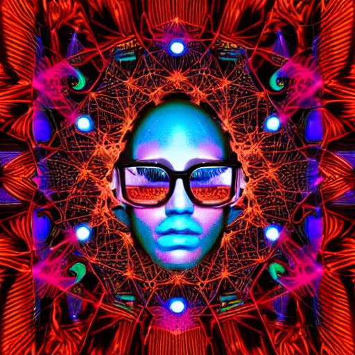 Image similar to a cibernetic artwork of a futuristic sound design superstar, centered image, with frames made of detailed fractals