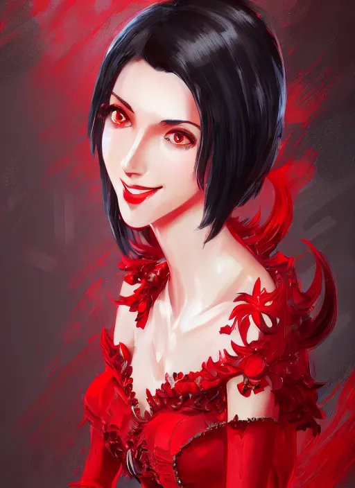 Prompt: a highly detailed illustration of beautiful hime cut black haired tall woman wearing red dress, dramatic smiling pose, intricate, elegant, highly detailed, centered, digital painting, artstation, concept art, smooth, sharp focus, league of legends concept art, wlop