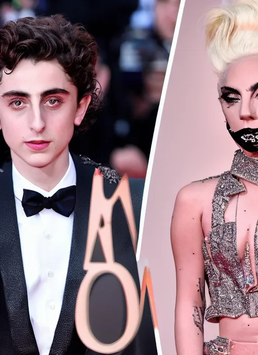 Image similar to timothee chalamet meets lady gaga, canon, highly realistic. high resolution. highly detailed 8 k. 4 k.