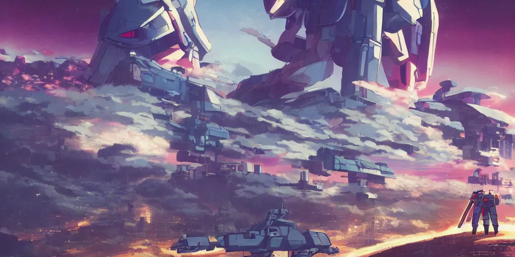 Image similar to Gundam Movie poster, 3D anime, Arcane Style, Retropunk, Steampunk, high resolution, city landscape, side scrolling, Rule of Thirds, 4K, Retrofuturism, Studio Ghibli, Simon Stålenhag