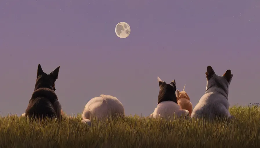 Image similar to back view of dogs watching the moon sitting on the hill, hyperdetailed, artstation, cgsociety, 8 k