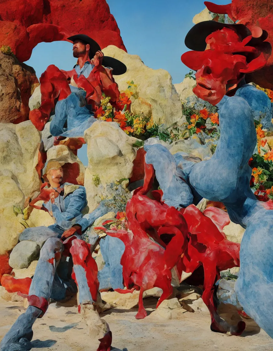 Image similar to a cowboy turning into blooms by slim aarons, by zhang kechun, by lynda benglis. tropical sea slugs, angular sharp tractor tires. complementary colors. warm soft volumetric light. national geographic. 8 k, rendered in octane, smooth gradients. greek sculpture of a manly cowboy by edward hopper and frank frazetta. red accents.