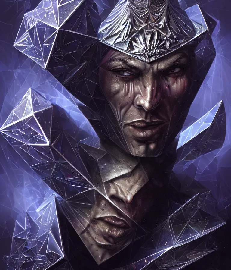 Image similar to front!!! shot of a court jester!!! character, mesmerizing fractal hypercubes, platinum cracked, dark holography!!!, future, metallic galactic, crystalline edges, polygonal, elegant, highly detailed, centered, (((artstation, concept art, jagged, sharp focus, artgerm, Tomasz Alen Kopera, Peter Mohrbacher, donato giancola, Joseph Christian Leyendecker, WLOP, Boris Vallejo))), ((raytracing)), mugshot!!!!!, ugly!!!!!!, octane render, nvidia raytracing demo, octane render, nvidia raytracing demo, octane render, nvidia raytracing demo, 8K, cinematic, masterpiece, fine portrait