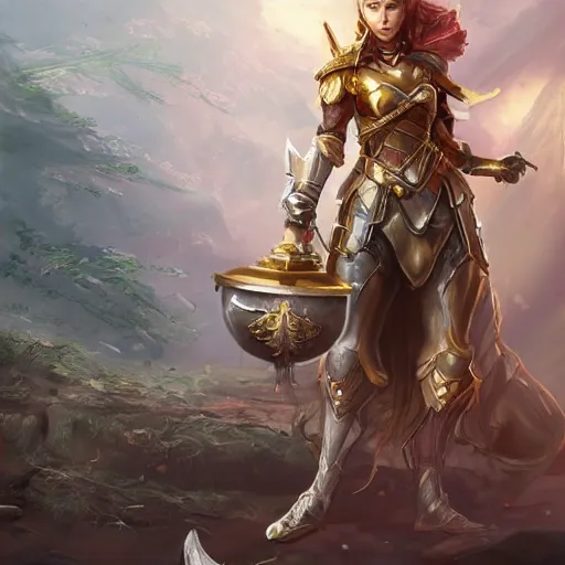 Image similar to a woman in armor holding a sword and floating magic golden gem, concept art by senior character artist, polycount contest winner, vanitas, artstation hd, concept art, 2d game art