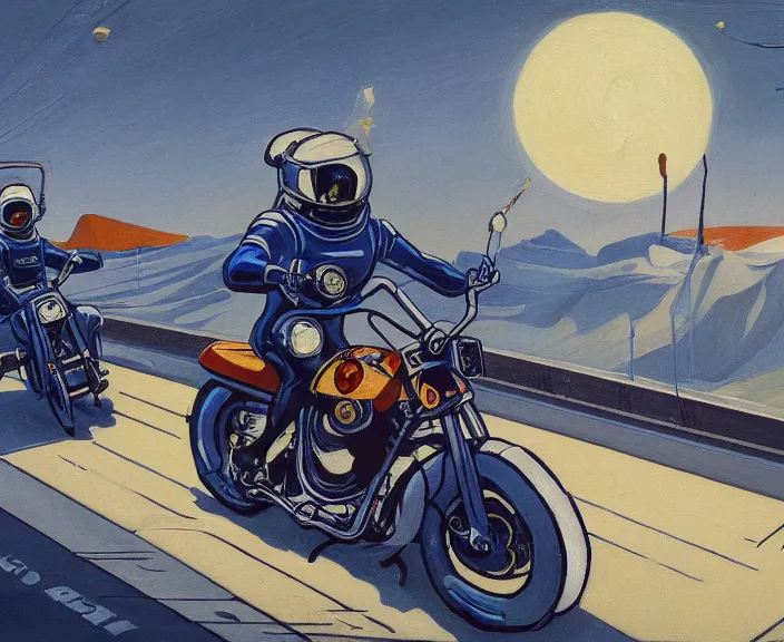 Image similar to a very detailed painting of a astronaut wearing a suit, riding a motorbike down a street, harley davidson motorbike, worm's - eye view, very fine brush strokes, very aesthetic, very futuristic, in the style of edward hopper and grant wood and syd mead, 4 k,