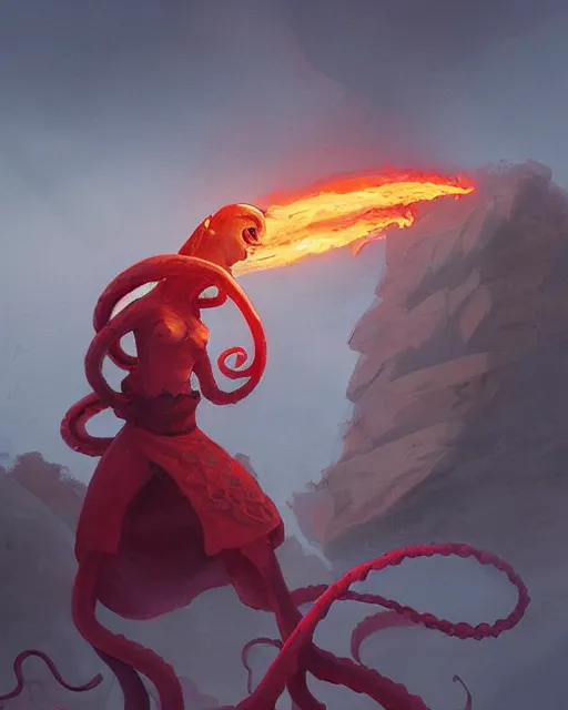 Image similar to tentacled [ squidward ] wearing fire nation clothing and practicing firebending outside at susnset, [ greg rutkowski ]
