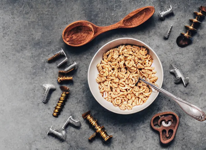 Image similar to dslr food photograph of a a bowl of cereal made of rusty nails and bolts with milk and a spoon in the bowl, 8 5 mm f 1. 8