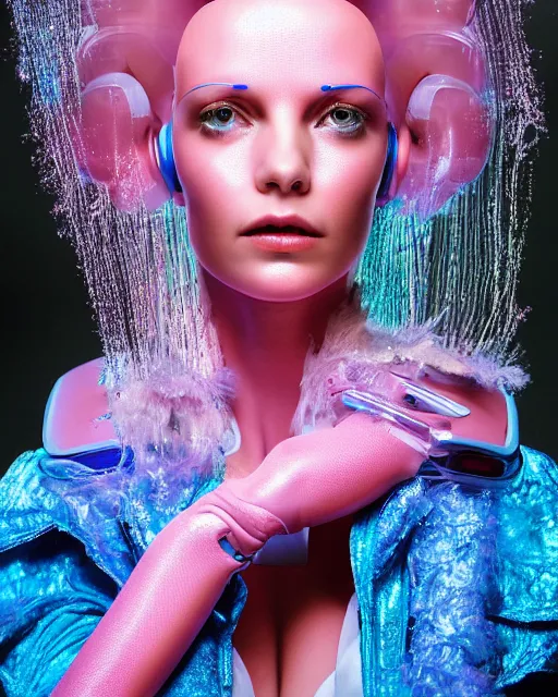 Image similar to natural light, soft focus portrait of a cyberpunk anthropomorphic female robot with soft synthetic pink skin, blue bioluminescent plastics, smooth shiny metal, elaborate ornate head piece, skin textures, by annie leibovitz, paul lehr