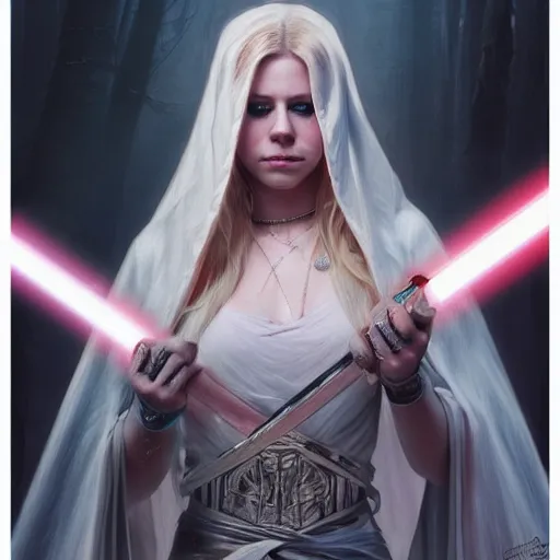 Image similar to perfectly - centered - portrait of avril lavigne wearing white cloak holding light saber, intricate, highly detailed, digital painting, artstation, concept art, smooth, sharp focus, illustration, unreal engine 5, 8 k, art by artgerm and greg rutkowski and alphonse mucha