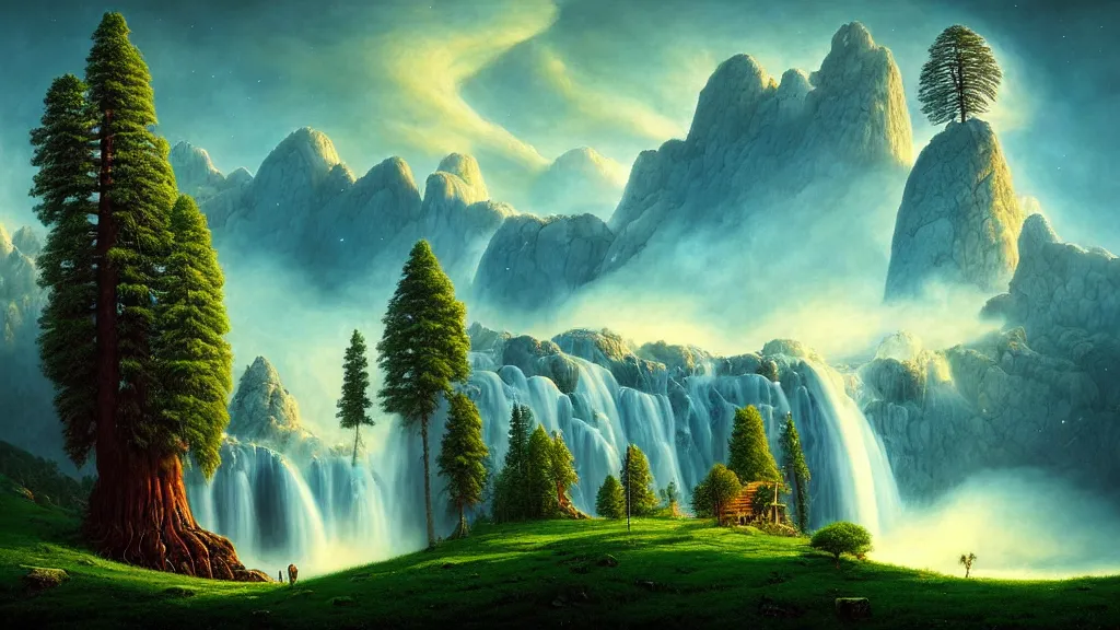 Prompt: gediminas pranckevicius an landscape view, superb epic sky, galaxies and star in the sky, immense waterfall, giant sequoia, massive mountains, epic composition, 4 k, detailed, realistic