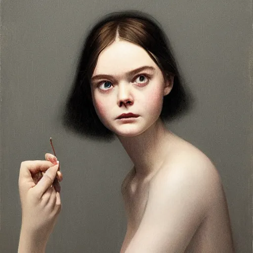 Image similar to Elle Fanning lighting a cigarette in the world of Adam Wyeth, head and shoulders portrait, stormy weather, extremely detailed masterpiece, oil on canvas, low-key neon lighting, artstation, Blade Runner 2049, Roger Deakin’s cinematography, by J. C. Leyendecker and Peter Paul Rubens and Edward Hopper and Michael Sowa,