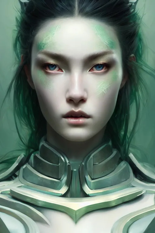 Image similar to ultra detailed beautiful nordic cyborg, black long hair, green eyes, implants in her face, sharp bone structure, extremely detailed digital painting, in the style of fenghua zhong and ruan jia and jeremy lipking and peter mohrbacher, mystical colors, rim light, beautiful lighting, 8 k, stunning scene, raytracing, octane, trending on artstation