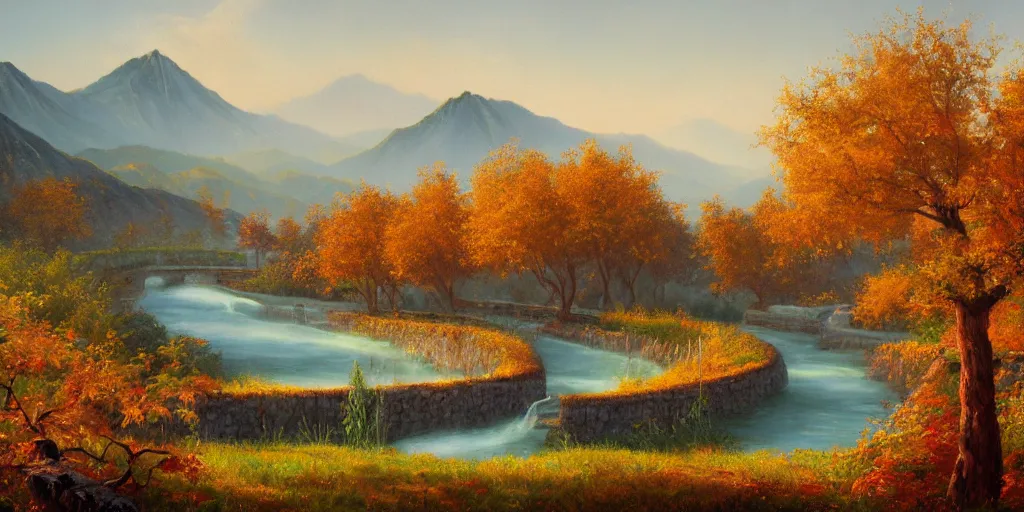 Image similar to painting of a FANTASY winery in BEIJING autumn, with a river winding through them. In the distance, there are mountains. by bob ross, Albert Bierstadt, oil on canvas, immaculate scale, hyper-realistic, trending on Artstation, 8k, detailed, atmospheric, immaculate