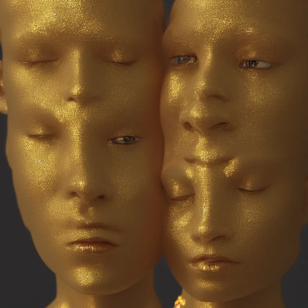 Image similar to human face made from gold ornaments, portrait, studio lightning, octane render, volumetric lighting, art by billelis, hyper detailed