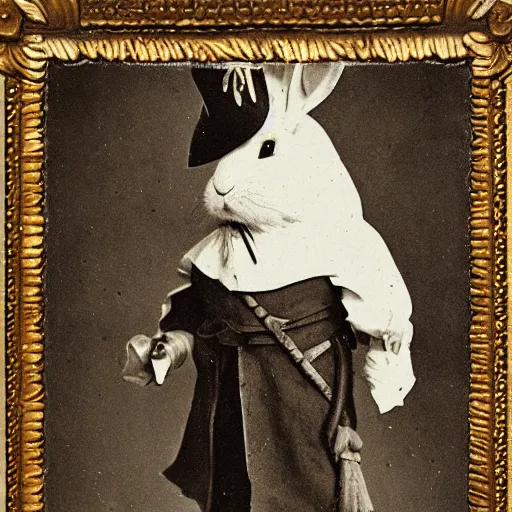 Image similar to a rabbit dressed as a pirate, victorian photograph