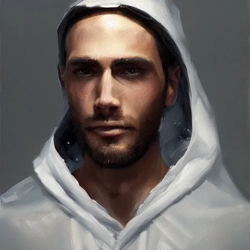 Prompt: An oil painting of a man dressed in priest robes, 30 years old, !chad jaw line!, short black hair, sharp facial features, beautiful, highly detailed, by Cédric Peyravernay, trending on artstation