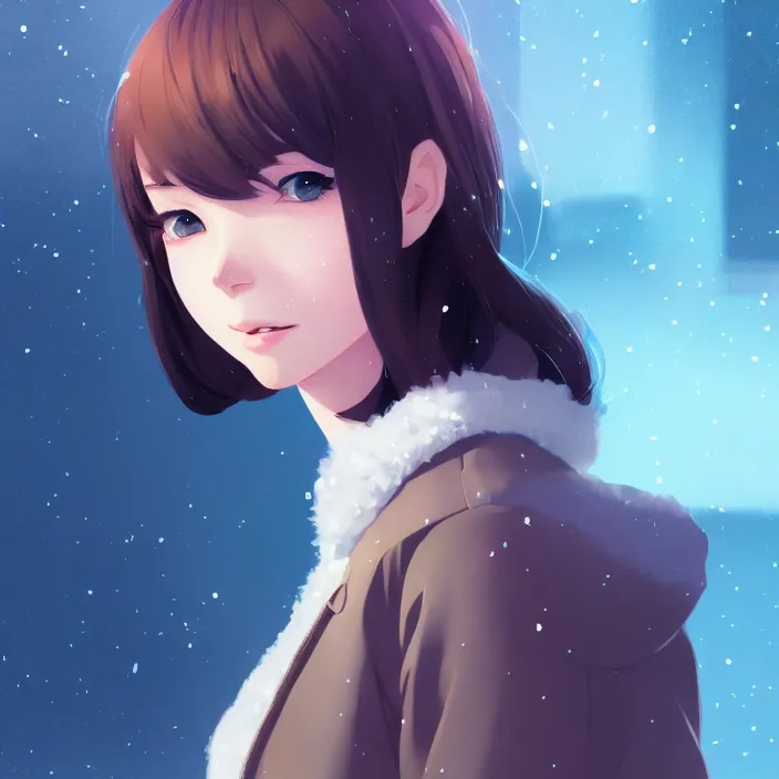 Image similar to portrait of a beautiful girl, snow landscape background, ambient lighting, dynamic lighting, 4 k, hq, official media, anime key visual, makoto shinkai, ilya kuvshinov, lois van baarle, rossdraws, detailed, trending on artstation