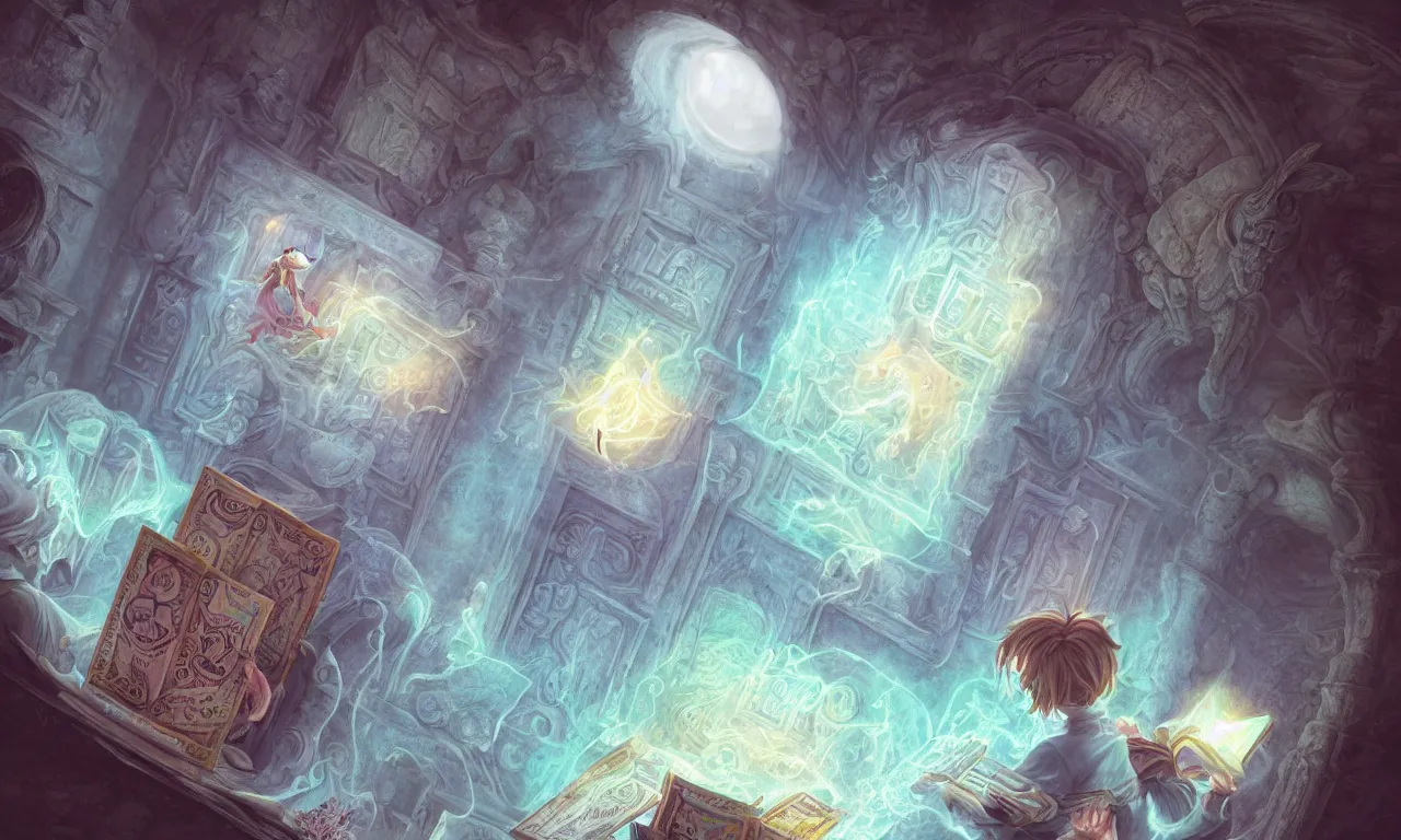 Image similar to kerberos realm, faked ticket close up, wizard reading a directory, nordic pastel colors, abandoned ruins, 3 d art, digital illustration, perfect lighting