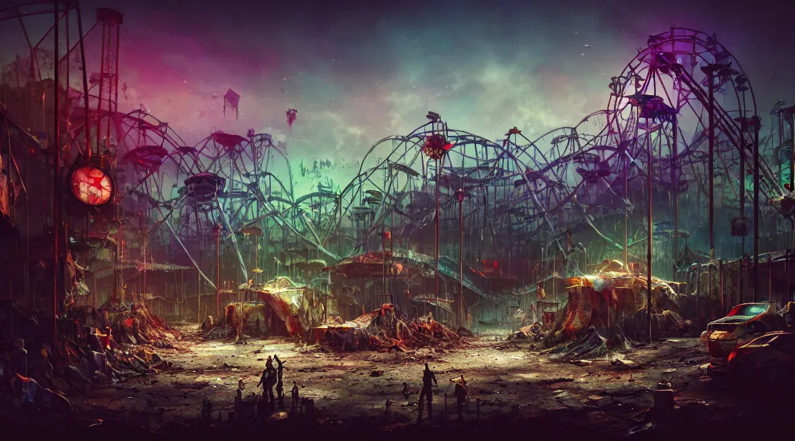 Prompt: post apocalyptic theme park circus, by pascal blanche, neil blevins, vibrant color palette, trending on artstation, photorealistic, wilderness ambiance, ultra detailed, high definition, depth of field, bokeh, rubble, nature overgrowth, blood stains, building crumbling