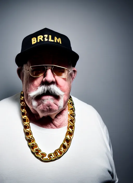 Image similar to dslr portrait photo still of!!! wilfred brimley as a gangsta rapper with gold chains and gold teeth grills growling at camera, 8 k, 8 5 mm f 1. 8
