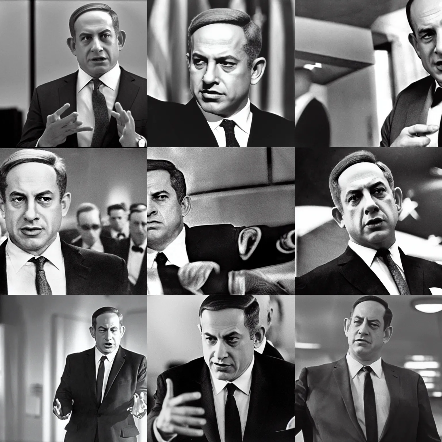 Prompt: film still of benjamin netanyahu in dr. strangelove ( 1 9 6 4 )