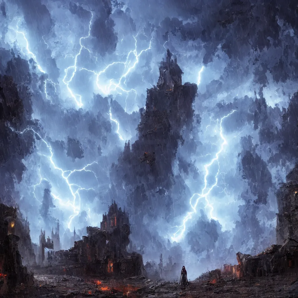 Image similar to a still of a cloaked figure standing in the ruins of crux prime, monastery, there is lightning, blue fiery maelstrom in the distance, it is raining, digital art, artstationhq