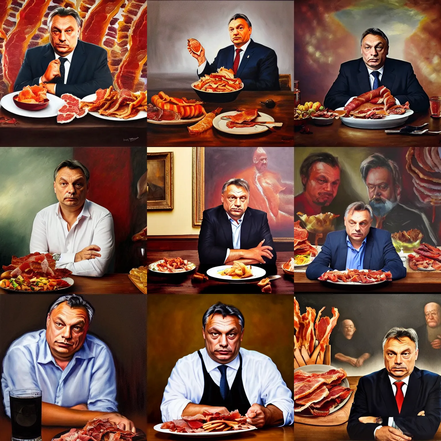 Prompt: portrait of viktor orban proudly sitting behind a table full of bacon, oil painting, dramatic lighting